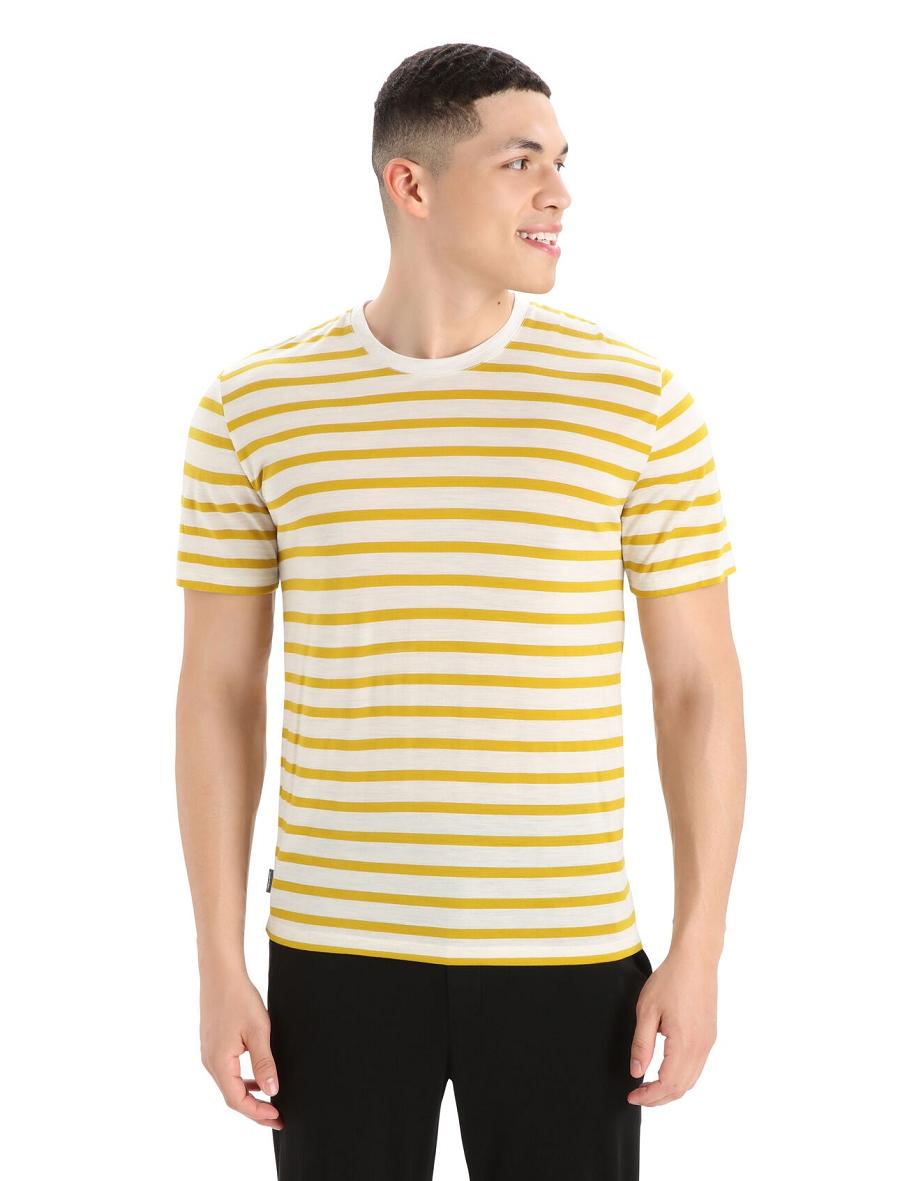 Ecru Heather / Silent Gold Icebreaker Merino Drayden Short Sleeve Stripe Men\'s T Shirts | AU 1185QMAZ